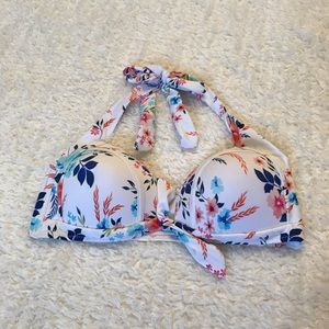 White Floral Print Halter Bikini Top